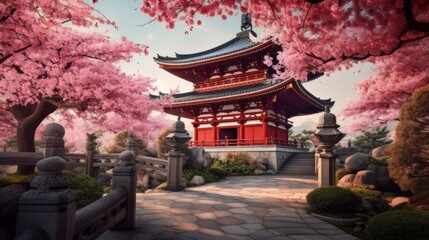 Chureito Pagoda and Cherry Blossoms in Tokyo, Japan. Generative AI illustration.