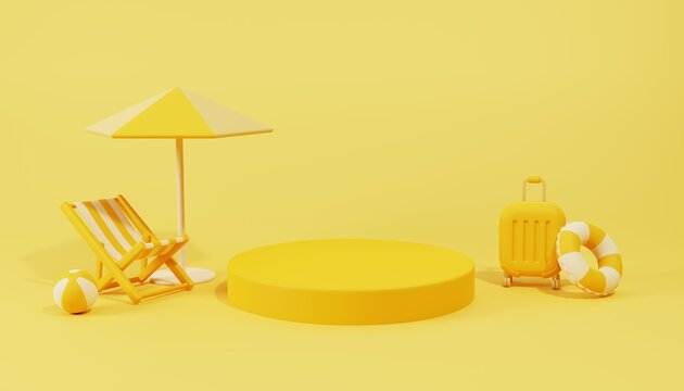 Yellow summer background with podium, umbrella, ball, luggage, beach chair and swim ring. Tropical holidays vacation concept. 3D rendering