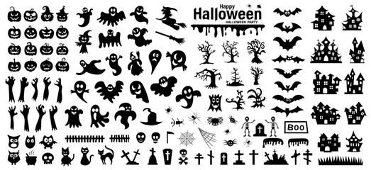 Set of silhouettes of Halloween on a white background. Vector illustration Generative AI
