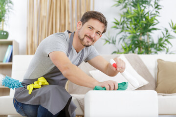 a man is spraying sofa - house service