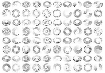 Circle dotted speed lines. Abstract round halftone circle frames, rotating dotted circle shapes. Big collection of round Logos.