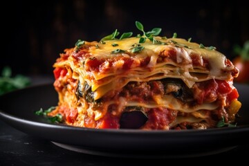 vegetarian lasagna filled with colorful roasted vegetables, tomato sauce, and cheese - obrazy, fototapety, plakaty