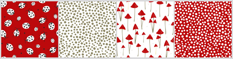 Set of seamless abstract patterns with ladybugs, fly agaric mushrooms, chaotic dots. Vector graphics. © Ирина Горбунова