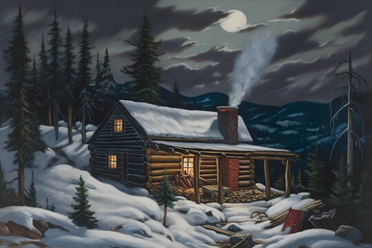 an oil painting of a landscape with a house in the snowy mountains AI-generated image