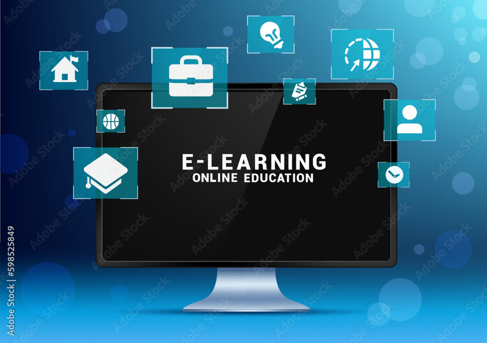 Poster e- learning text vector concept design. online education with technology internet for distance cours