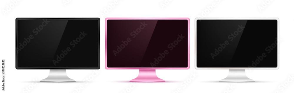 Poster computer monitor vector set design. desktop computer collection isolated in white background. vector
