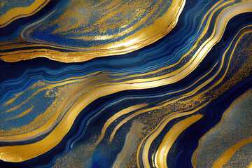 Blue and golden acrylic liquid ink swirl abstract background with ravishing turbulence wavy pattern and detailed texture. Luxury fluid liquid art by Generative AI. Generative AI - obrazy, fototapety, plakaty