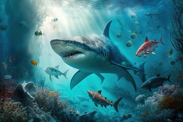 Fototapeta na wymiar A shark in the ocean with fish