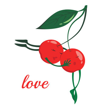 Cute cartoon cherries in love kissing on a branch with a leaf