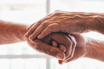 Old people holding hands close up view, senior retired family couple express care as psychological...