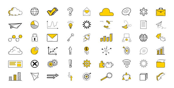 Marketing and management office icons collection. Hand drawn symbols in doodle style in yellow color. Business chat elements concept. Set of financial infographic buttons for web. Vector Generative AI