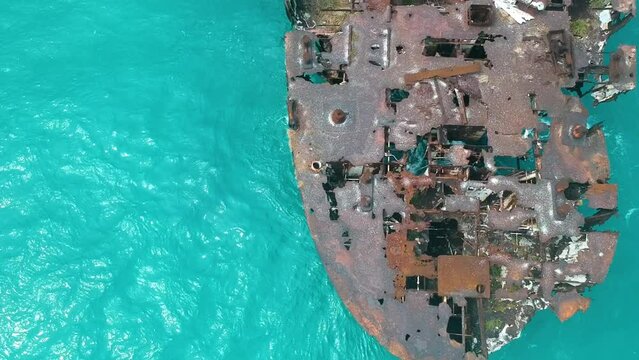 Aerial View Of Barco Encallado Shipwreck And Turquoise Blue Sea Near Rocky Cay Beach In San Andres Island, Colombia.