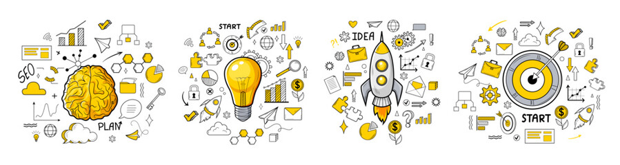 Fototapeta Creativity and innovation doodle icons collection. Hand drawn yellow color clip art. Good idea, business start up concept. Success management set of elements for finance growthing. Generative AI obraz