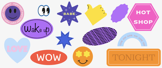 Vector flat stickers. A collection of various geometric shapes, resins and inscriptions. Trendy, strong cartoon design. Perfect for your notebooks, package stickers, advertising, social networks.