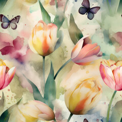 Obraz na płótnie Canvas Watercolor Tulips Seamless Pattern, Digital Papers, Generative AI