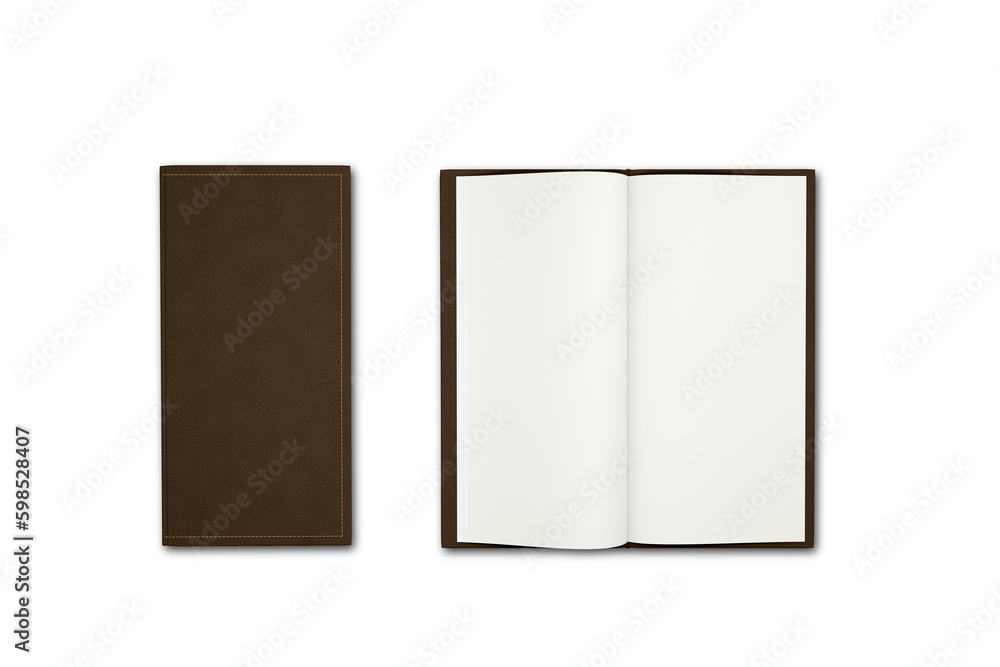 Poster brown leather textured menu mockup isolated on white background. open and closed menu template.3d re