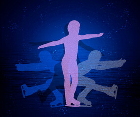 Fototapeta na wymiar A young skater performs a spinning top. Silhouettes of the skater fixed in the moments of rotation. Illustration.