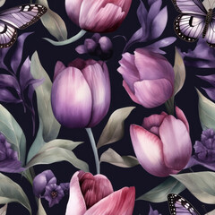 Watercolor Tulips Seamless Pattern, Digital Papers, Generative AI