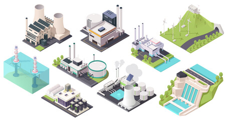 Industrial energy buildings set in isometric design. Power plants and alternative green hydro electric generation stations. Nuclear fuel reactor power. Geothermal or wind stations. Generative AI - obrazy, fototapety, plakaty