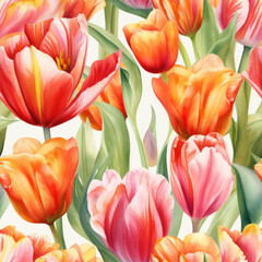 Fototapeta premium Watercolor Tulips Seamless Pattern, Digital Papers, Generative AI