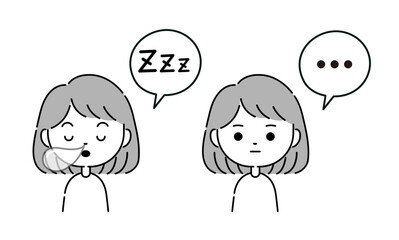 吹き出し付きの女性の睡眠と沈黙の表現イラスト　モノクロ