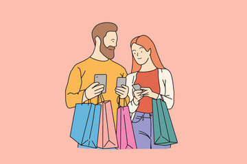 ine art couples consulting about shopping cartoon characters men and women Discuss purchases and carrying shopping bags. Illustration vector hand drawn