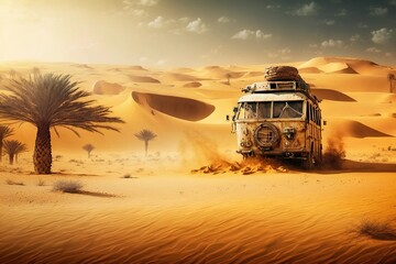 Fototapeta na wymiar A desert scene with a van in the desert.