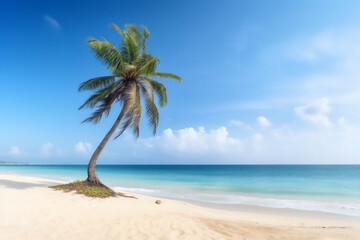 Fototapeta na wymiar Tropical beach paradise with a coconut palm tree ina white sand with blue sky. Generative AI