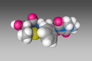 Piperacillin, antibiotic. Space-filling molecular model. Atoms are shown as spheres with color coding: carbon (grey), oxygen (red), hydrogen (white), nitrogen (blue), sulfur (yellow). 3d illustration