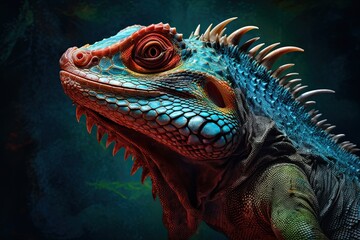 Fototapeta premium Portrait of Incredibly cute colorful chameleon lizard. Exotic wild lizard or reptile. Generative AI