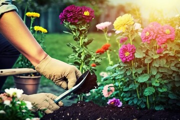 Gardeners' hands planting flowers in the backyard