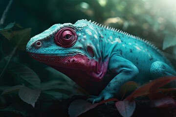 Obraz premium Portrait of Incredibly cute colorful chameleon lizard. Exotic wild lizard or reptile. Generative AI