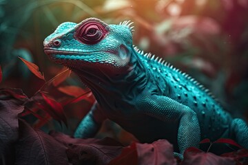 Fototapeta premium Portrait of Incredibly cute colorful chameleon lizard. Exotic wild lizard or reptile. Generative AI
