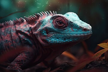 Fototapeta premium Portrait of Incredibly cute colorful chameleon lizard. Exotic wild lizard or reptile. Generative AI