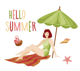 A set of cute summer icons drinks, palm leaves, plants, flowers. A gentle summer poster. A collection of scrapbooking items for a beach party.