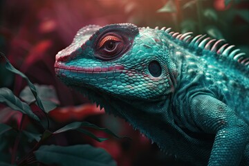 Fototapeta premium Portrait of Incredibly cute colorful chameleon lizard. Exotic wild lizard or reptile. Generative AI