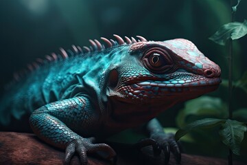 Fototapeta premium Portrait of Incredibly cute colorful chameleon lizard. Exotic wild lizard or reptile. Generative AI