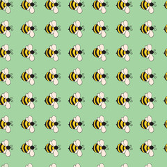 Light green Cartoon Bees seamless pattern background. Flying bees Summer vector pattern. Doodle bugs pattern.