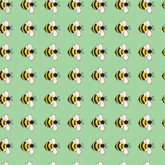 Obraz premium Light green Cartoon Bees seamless pattern background. Flying bees Summer vector pattern. Doodle bugs pattern.