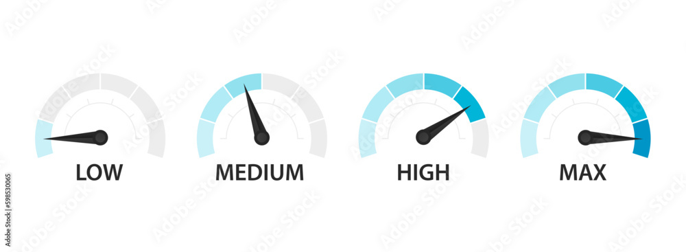 Poster set of speed performance gauges. gas tank gauge. oil level bar. risk meter. satisfaction meter. spee
