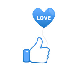 Rating in social media. Likes and positive feedback concept. Hand shows the gesture a class. Thumbs up. Heart love icon on a white background. Business strategy. Vector illustration