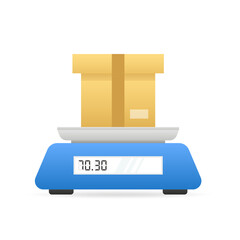 Weigh the parcel in a cardboard box on an electronic scale. Measuring device for cargo in the form of boxes, packages, freight and products. Scales for weighing heavy objects. Vector illustration