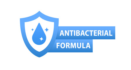 Horizontal stamp with antibacterial formula - shield with crossed bacteria inside - vector isolated sign for antiseptic cosmetics and medical pharmaceutical products. Vector illustration