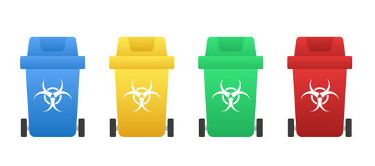 Tank for collecting radioactive waste. Radioactive disgrace sign. Toxic, nuclear fuel in yellow barrel symbol. Colored flat design. Radiation pollution danger sign. Vector illustration