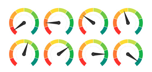 Set of speed performance gauges. Gas tank gauge. Oil level bar. Risk meter. Satisfaction meter. Speedometer scale. Set of gauges from low to high. Speed Logo. Speedometer. Vector illustration