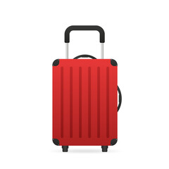 Travel suitcase with wheels in flat style isolated on white background. Red luggage icon for trip, tourism, voyage or summer vacation. Artistic design of a traveler's luggage. Vector illustration