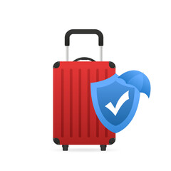 Travel insurance banner concept. Red traveling luggage suitcase and airplane trip protect by blue shield with check mark. Flight safety symbol. Aircraft journey risk protection. Vector illustration