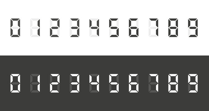 Calculator digital numbers. Digital clock number. Set black and white electronic figures. Counter, clock, calculator mockup. Led digit set. Electronic figure. Vector illustration