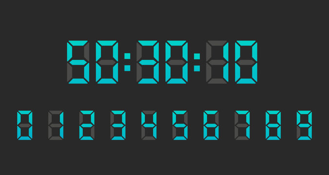 Time hours. Vector set of electronic digits numbers font from a clock and a countdown timer. Watch and calculator display symbols. Led digit set. Electronic figure. Vector illustration