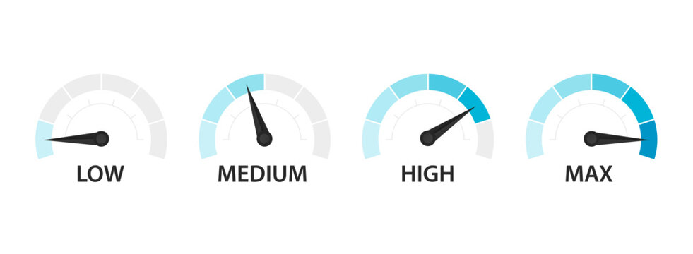 Set of speed performance gauges. Gas tank gauge. Oil level bar. Risk meter. Satisfaction meter. Speedometer scale. Set of gauges from low to high. Speed Logo. Speedometer. Vector illustration